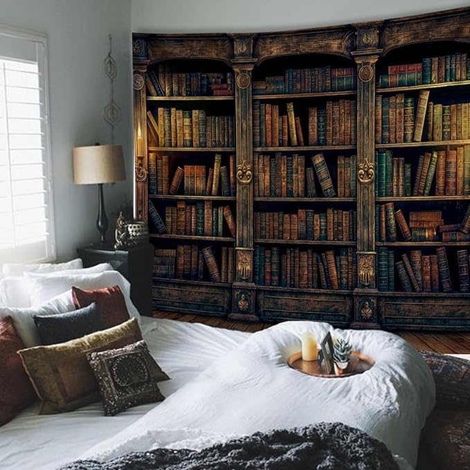 YEXIT Retro Bookshelf Wall Tapestry, Vintage Books Study Library Tapestries for College Dorm Bedroom Magic Caslte Backdrop 60×80 inch