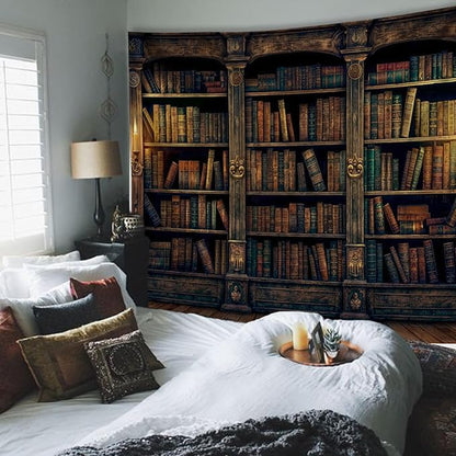 YEXIT Retro Bookshelf Wall Tapestry, Vintage Books Study Library Tapestries for College Dorm Bedroom Magic Caslte Backdrop 36×48 inch