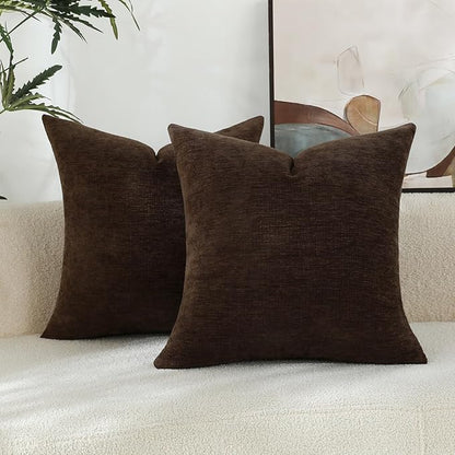 Coffee Brown Chenille Decorative Couch Throw Pillow Covers, Soft Cushion Cases for Home Livingroom Sofa Décor, Pack of 2, 20 x 20 Inches
