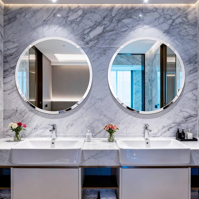 Frameless Round Wall Mirror: Decorative Mirrored Glass Vanity with Beveled Silver Edge for Bathroom Bedroom Livingroom Dining Room Entryway Hallway, 16 x 16 inch