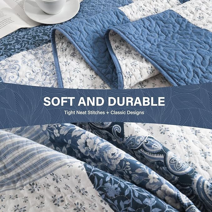 SahSahCasa 100% Cotton 128"x120" Oversized California King Bedspread Coverlet Quilt Set, Cal King Plaid Paisley Floral Extra Large Reversible XL Bed Spread Lightweight Comforter, Blue/White/Gray