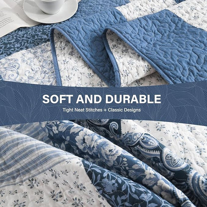 SahSahCasa 100% Cotton 120"x120" Oversized California King Bedspread Coverlet Quilt Set, Cal King Plaid Paisley Floral Extra Large Reversible XL Bed Spread Lightweight Comforter, Blue/White/Gray