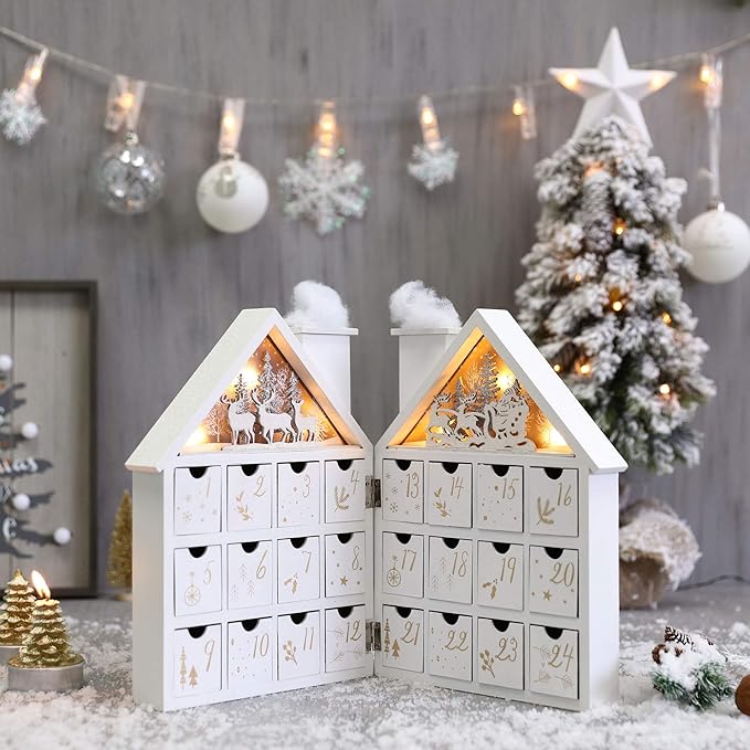 Wooden Christmas Advent Calendar House with 24 Drawers and Led Lights Countdown Calendars for Christmas Decoration 2023, Candy Box (White Forest)