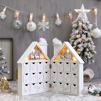 Wooden Christmas Advent Calendar House with 24 Drawers and Led Lights Countdown Calendars for Christmas Decoration 2023, Candy Box (White Forest)