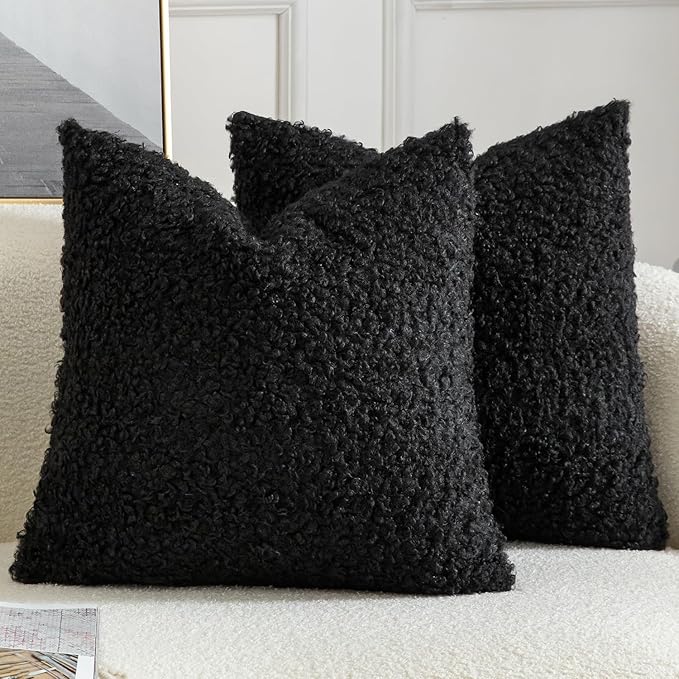Yaertun Pack of 2 Faux Fur Throw Pillow Covers Decorative Sherpa Boucle Pillow Covers Fuzzy Soft Pillowcases Sheepskin Fleece Cushion Case for Couch Sofa Bed Living Room 16x16 Inch Black