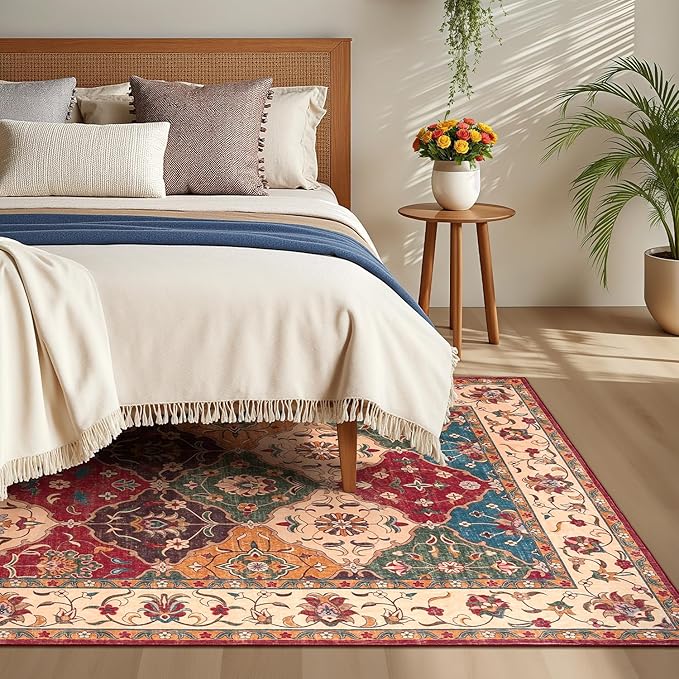 Lessymo Moroccan Washable Area Rugs 5x7, Soft Rugs for Living Room Bedroom, Indoor Non-Slip Large Vintage Carpet for Entryway Home Office, Classic Red and Cream