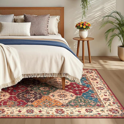 Lessymo Moroccan Washable Area Rugs 5x7, Soft Rugs for Living Room Bedroom, Indoor Non-Slip Large Vintage Carpet for Entryway Home Office, Classic Red and Cream