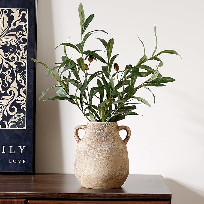 Ceramic Rustic Flower Vase, 7.48 Inch Pottery Modern Vase for Shelf, Tabletop, Vintage Farmhouse Home Decor for Coffee Table, Living Room, Mantle, Fireplace, Entryway