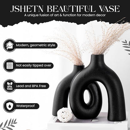 Ceramic Hug Vase (Deep Black) Modern Donut Style Hugging Vases for Flowers Minimalist Decor – Hollow Ceramic Waterproof Home Decor Vases for Living Room, Bed Room, Book Shelf, Entryway Table.