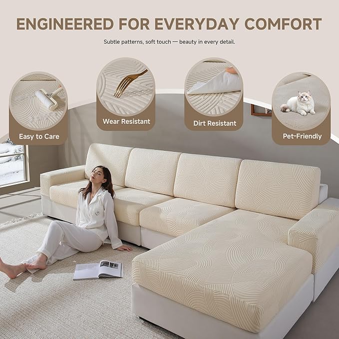 Couch Cushion Covers for Sectional and L Shaped Sofa, Stretch Soft Sofa Covers Washable Wear Resistant Slipcovers Furniture Protector Pet-Friendly (1PC Loveseat Cushion Cover, Ivory)