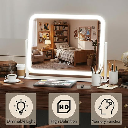 HNV 17"x13" Hollywood Vanity Mirror with Lights, Rounded Makeup Mirror with 10X Magnification, 3 Color Dimmable LED, Smart Touch Control & 360° Rotation, Shatter-Resistant Tabletop Desk Mirror (White)