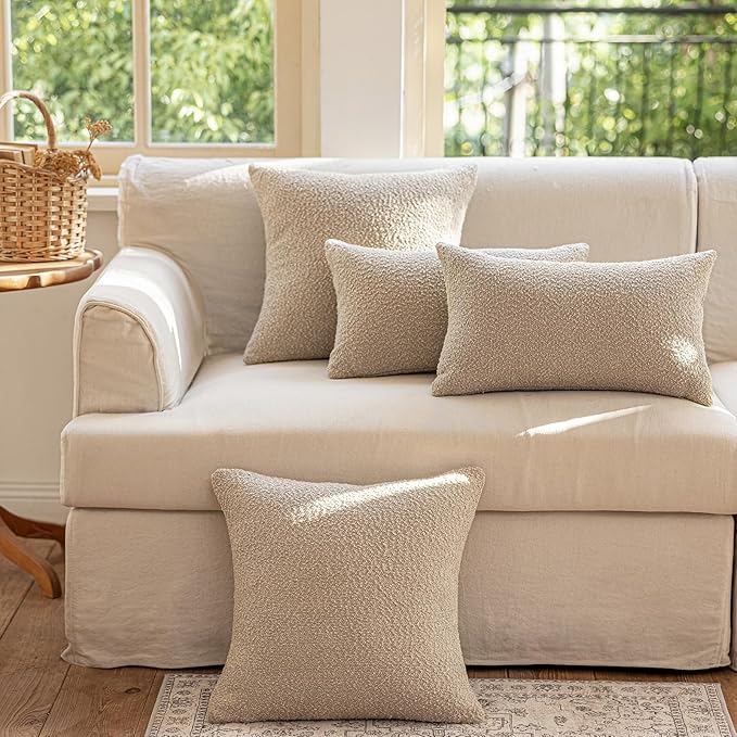 GEEORY Decorative Throw Pillow Covers 20x20 Inch Pack of 2,Textured Boucle Neutral Cushion Cases for Bed Couch Sofa, Accent Modern Farmhouse & Minimalist Home Decor (Oatmeal Beige) GE03-20