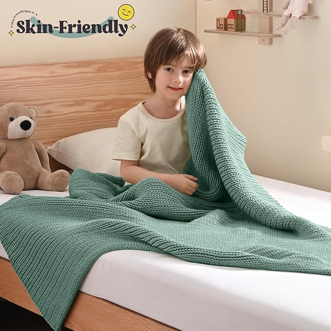 Guohaoi Knitted Weighted Blanket Kids (Haze Green 36"x48" 5lbs) No Beads Cooling Heavy Blanket, Home Decor Breathable Chunky Knit Throw Blanket for All-Season Use