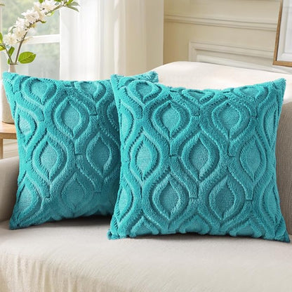 decorUhome Spring Euro Sham Throw Pillow Covers 24x24 Inch Set of 2, Soft Plush Faux Wool Turquoise Solid Couch Pillow Covers, Accent Farmhouse Neutral Square Pillow Cases for Sofa Bed Living Room