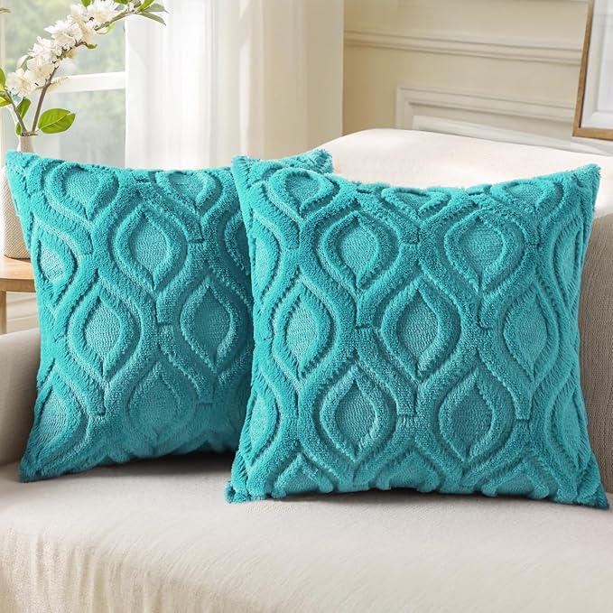 decorUhome Spring Throw Pillow Covers 16x16 Inch Set of 2, Soft Plush Faux Wool Turquoise Solid Couch Pillow Covers, Accent Farmhouse Neutral Square Pillow Cases for Sofa Bed Living Room