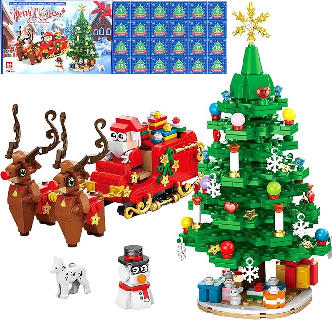 Advent Calendar 2025 Christmas Tree Building Blocks Set - 24 Day Countdown Calendar with Xmas Tree & Santa Sleigh Building Kits, Christmas Decorations Gifts for Girls Boys (940 PCS)