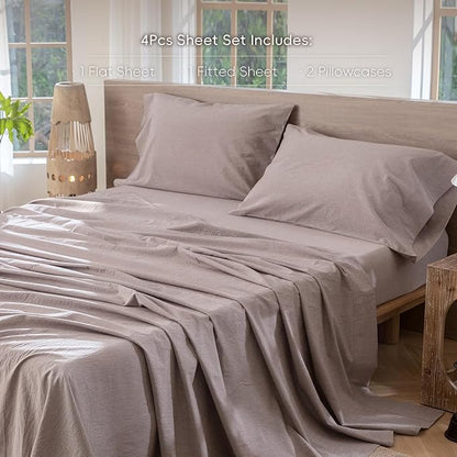 MooMee Bedding Sheet Set 100% Washed Cotton Linen Like Textured Breathable Durable Soft Comfy (Heathered Mauve Brown, Queen)