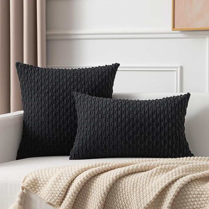 Kevin Textile 2 Packs Decorative Pillow Covers for Couch Outdoor Pillows Cover Boho Striped Velvet Pillow Covers Set of 2 40cm x 40cm 16 x 16 Inch Black