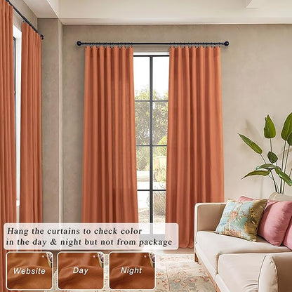 Burnt Orange Curtains 90 Inches Long for Living Room 2 Panels Set Back Tab Rod Pocket Linen Semi Sheer Copper Brown Rust Colored Curtain for Bedroom Dining Office Western Southwest Decor 52x90 Length