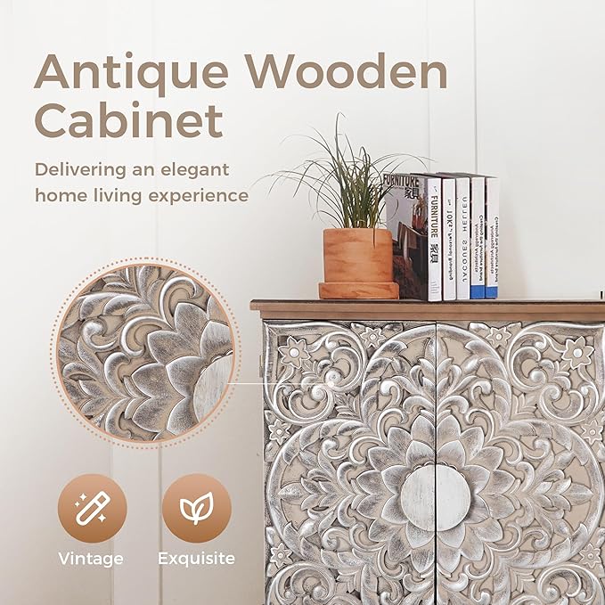 MAISON ARTS Accent Cabinet with 2 Doors and 1 Shelf, Silver Embossed Storage Cabinet with Solid Wood Frame, Holds Up to 245lbs, Elegant Furniture for Living Room or Entryway