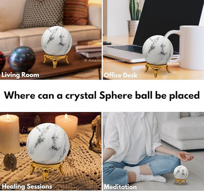 Amazing Gemstone Howlite Crystal Ball with Stand - 1.5 Inches Crystal Sphere Meditation Balls for Witchcraft and Decorative Balls