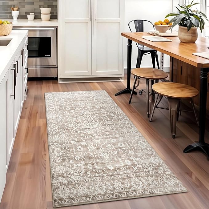 3x5 Rug, Small Area Rug for Kitchen, Entryway, Machine Washable Non-Slip Throw Rug, Floral Dorm Rug Entryway Vintage Carpet for Nursery Coffee Table Light Brown