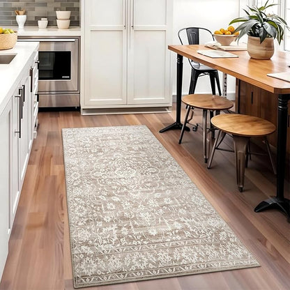 3x5 Rug, Small Area Rug for Kitchen, Entryway, Machine Washable Non-Slip Throw Rug, Floral Dorm Rug Entryway Vintage Carpet for Nursery Coffee Table Light Brown
