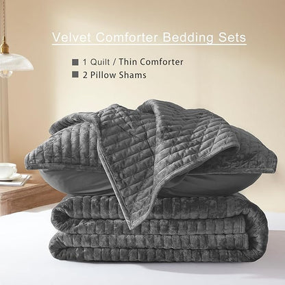 LEAONME Velvet Quilt King Size 98''x106'', Lightweight Grey Velvet Comforter Set with 2 Matching Shams, Soft Cross Stitch Bedspread Coverlet Bedding Set for All Season