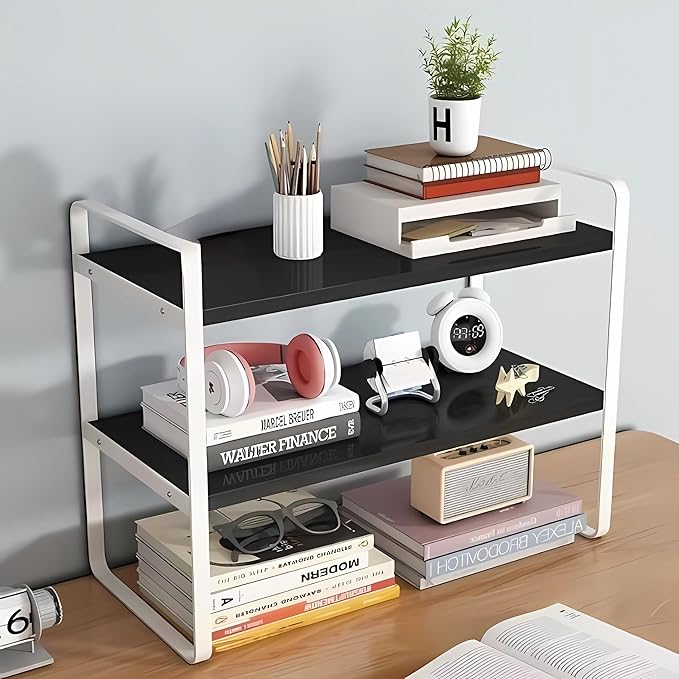 Hbluefat Desktop Organizer Shelf, 2-Tier Multipurpose Tabletop Storage Bookshelf, Small Wooden Countertop Storage Rack for Home Office Kitchen (Black+White)