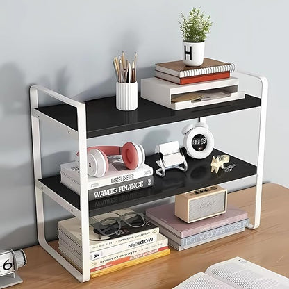 Hbluefat Desktop Organizer Shelf, 2-Tier Multipurpose Tabletop Storage Bookshelf, Small Wooden Countertop Storage Rack for Home Office Kitchen (Black+White)