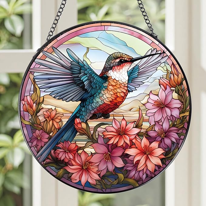 Rngmsi Hummingbird Flower Stained Glass Window Hanging, 7.8″ Sun Catchers with Hook Indoor Window Decor, Decorative Suncatchers Home Garden Art Gift for Bird Lovers Housewarming