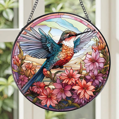 Rngmsi Hummingbird Flower Stained Glass Window Hanging, 7.8″ Sun Catchers with Hook Indoor Window Decor, Decorative Suncatchers Home Garden Art Gift for Bird Lovers Housewarming