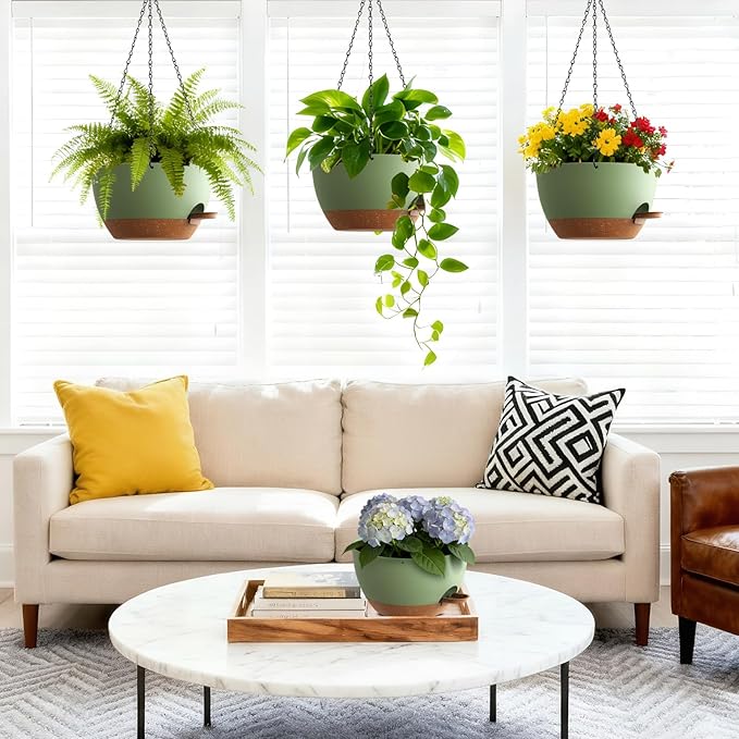 Set of 3-10 Inch Self Watering Hanging Planters for Indoor & Outdoor，Hanging Plant Pots with Drainage & Removable Tray, Modern Hanging Pots Holder for Ivy, Ferns, Balcony & Patio, Green and Brown