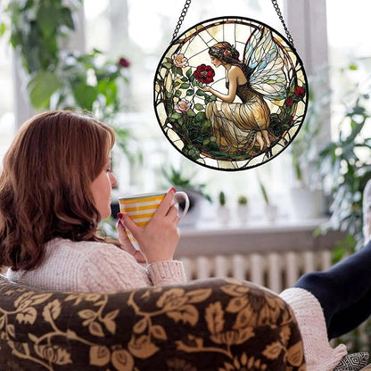Stained Glass Window Hanging - Butterfly Flower Fairy Suncatcher for Door Terrace Garden Home Decor Yellow Green Plants Sun Catcher Birthday Gifts for Lovers Women Men Dad Mom Nana 6.3 in