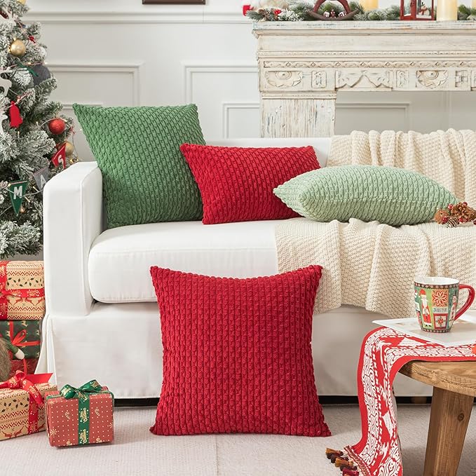 Kevin Textile Christmas Pillow Covers Pack of 2 Cushion Covers for Bedroom 20x20 Inch Burgundy Soft Corduroy Throw Pillow Cover with Stripes Machine Washable Pillowcase for Bedroom