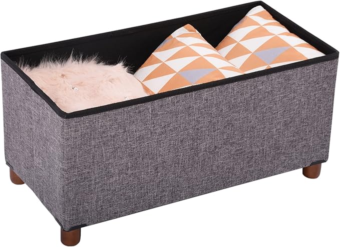 30 Inches Storage Ottoman Bench, Rect Grey, Modern, Classic Style, Linen Fabric, Walnut Wood Legs