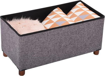 30 Inches Storage Ottoman Bench, Rect Grey, Modern, Classic Style, Linen Fabric, Walnut Wood Legs
