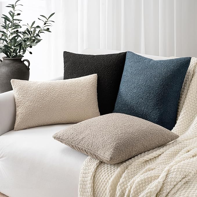Woaboy Pack of 2 18x18 Inch Decorative Boucle Throw Pillow Covers Textured Square Pillowcaes Accent Solid Cozy Soft Cushion Covers Home Decor for Sofa Couch Living Room Home Decor,Black