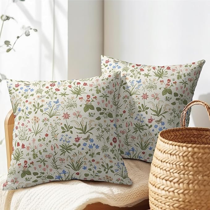 Vitage Floral Pillow Covers 18x18 Set of 2 Spring Green Red Cream Pattern Rustic Decorative Outdoor Farmhouse Zipper Flower Linen Pillowcases Decorations Throw Cushion Cover Decor for Couch Sofa Bed