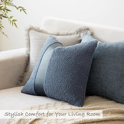22"x22" Denim Blue Boucle Pillow Covers with Faux Leather Accents Set of 2 Fluffy Textured Decorative Throw Pillow Cases for Couch Bed Boho Farmhouse Square Cushion Covers for Home Décor