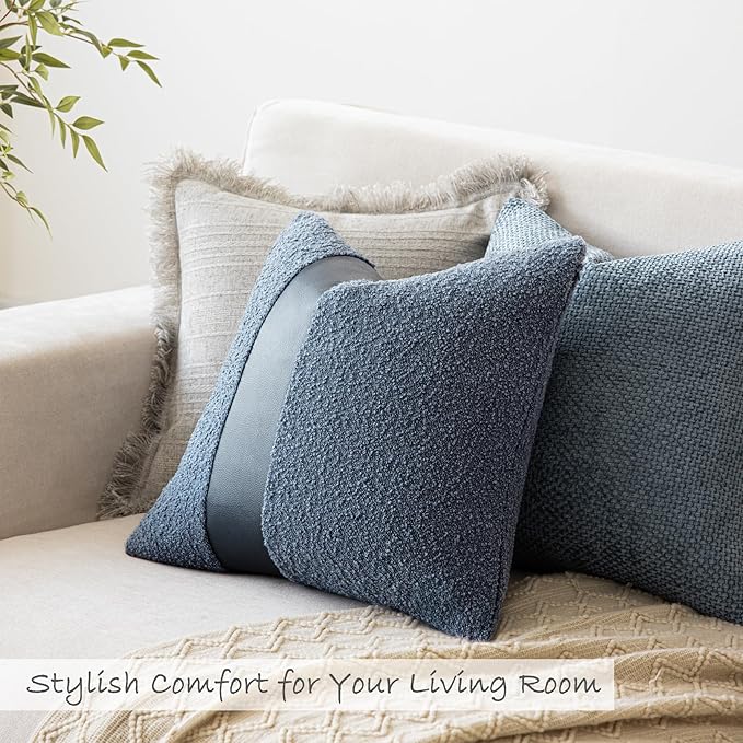 18"x18" Denim Blue Boucle Throw Pillow Covers with Faux Leather Accents Set of 2 Fluffy Textured Decorative Pillow Cases for Couch Bed Boho Farmhouse Square Cushion Covers for Nordic Home