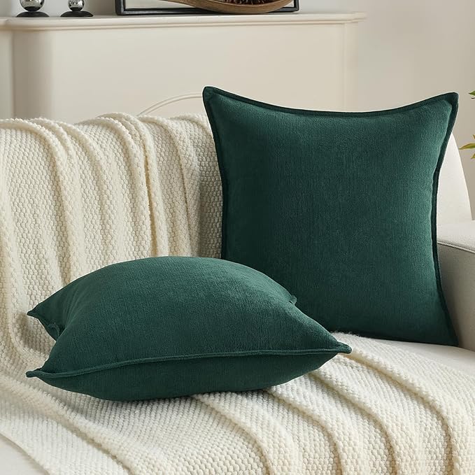 FUTEI Christmas Dark Green Chenille Throw Pillow Covers 24x24 Inch Set of 2,Edges Double-Stitched European Cushion Cases,Modern Home Decor for Couch Living Room
