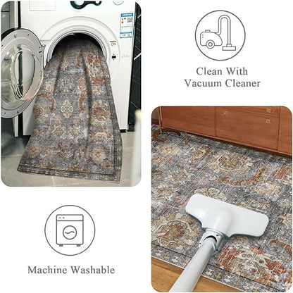 RUGSURE Washable Area Rugs - Perfect for Living Room, Bedroom, Kids Room, Nursery - Stain & Water Resistant Non-Slip, Pet & Child Friendly, Vintage Tribal Area Rugs (Turmeric and Grey, 3' x 5 ')