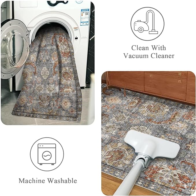 RUGSURE Washable Area Rugs - Perfect for Living Room, Bedroom, Kids Room, Nursery - Stain & Water Resistant Non-Slip, Pet & Child Friendly, Vintage Tribal Area Rugs (Turmeric and Grey, 8' x 10')