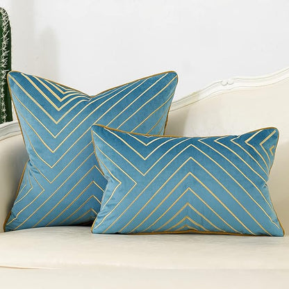 Avigers 12 x 20 Inch Grey Blue Gold Striped Geometric Lines Embroidery Velvet Cushion Case Luxury Modern Lumbar Throw Pillow Cover Decorative Pillow for Couch Living Room Bedroom Car 30 x 50cm