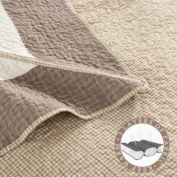 Oversized King Bedspread 128"x120" - 100% Cotton Lightweight California King Quilt with 2 Pillowshams, Printed Diamond Extra Wide Quilted Bedding Coverlet for All Season, Brown/Beige/Khaki