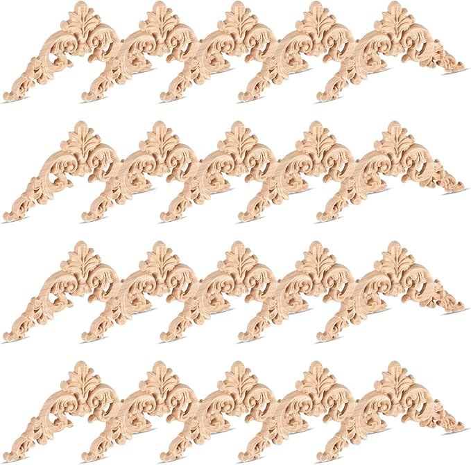 20 Pcs Wood Applique Corner Onlay Decorative Wood Applique DIY Wooden Carved Corner Unpainted Wooden Carved Decals Carving Decal for Furniture Wall Cupboard Bed Cabinet(Delicate Style)