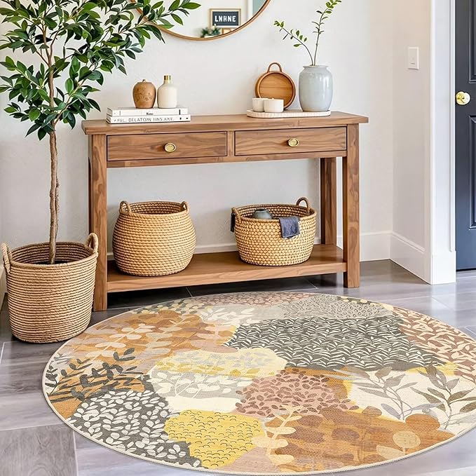 DEXDE Round Rug 4ft Washable Circle Area Rugs Non Slip Low Pile Boho Floral Small Circular Carpet for Bedroom Bathroom Entryway Kids Room Office Dining Room,Camel