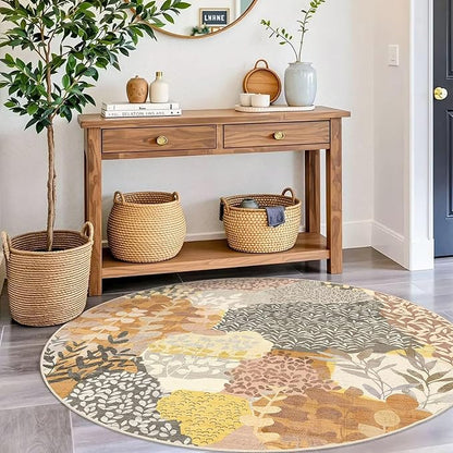 DEXDE Round Rug 4ft Washable Circle Area Rugs Non Slip Low Pile Boho Floral Small Circular Carpet for Bedroom Bathroom Entryway Kids Room Office Dining Room,Camel