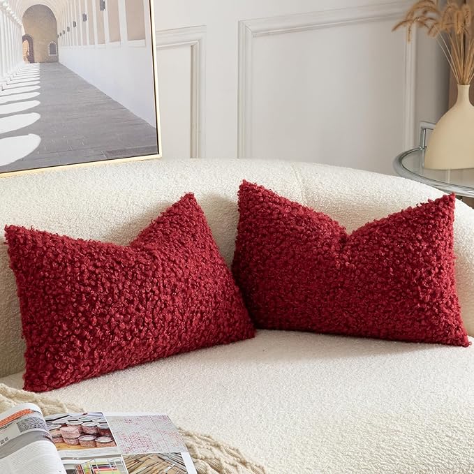 Yaertun Pack of 2 Faux Fur Throw Pillow Covers Decorative Sherpa Boucle Pillow Covers Fuzzy Soft Pillowcases Sheepskin Fleece Cushion Case for Couch Sofa Bed Living Room 12x20 Inch Burgundy